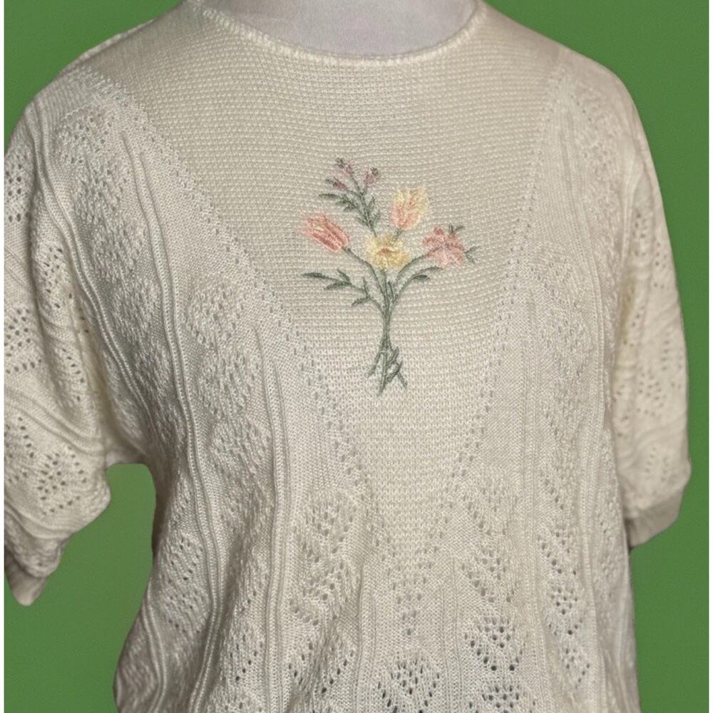 Vintage Ivory Embroidered Knit Sweater | Soft Girl | Grandmacore | Made In USA |